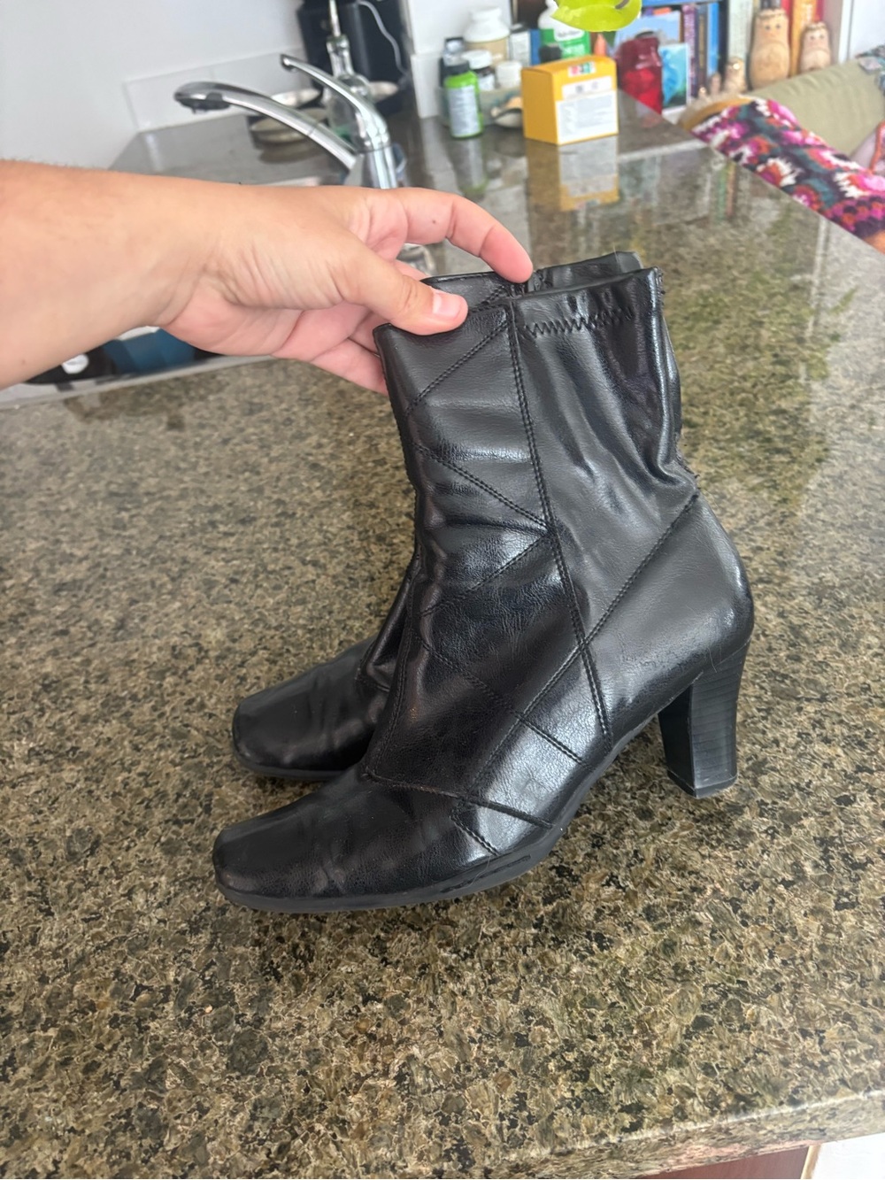 AEROSOLES Black Leather Mid-Calf Stacked Heel Booties